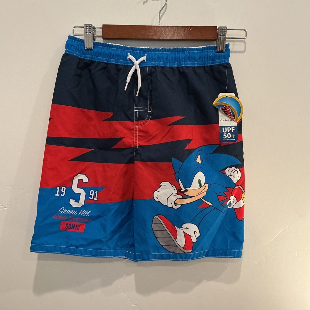 Sonic the Hedgehog Swim Trunks Blue Red UPF 50 Graphic Board Shorts Size 10/12